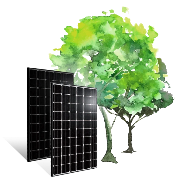 Solarpanels und grüne Bäume im Aquarell-Stil – Photovoltaik Cloppenburg für eine saubere Umwelt.